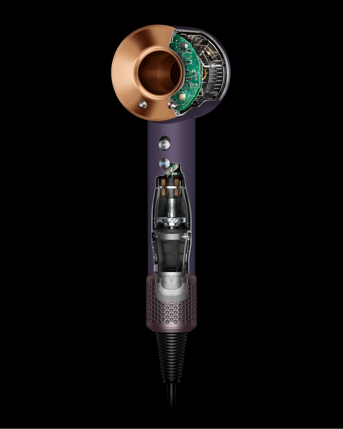 A cutout of the Dyson Supersonic Professional hair dryer in Bright copper.