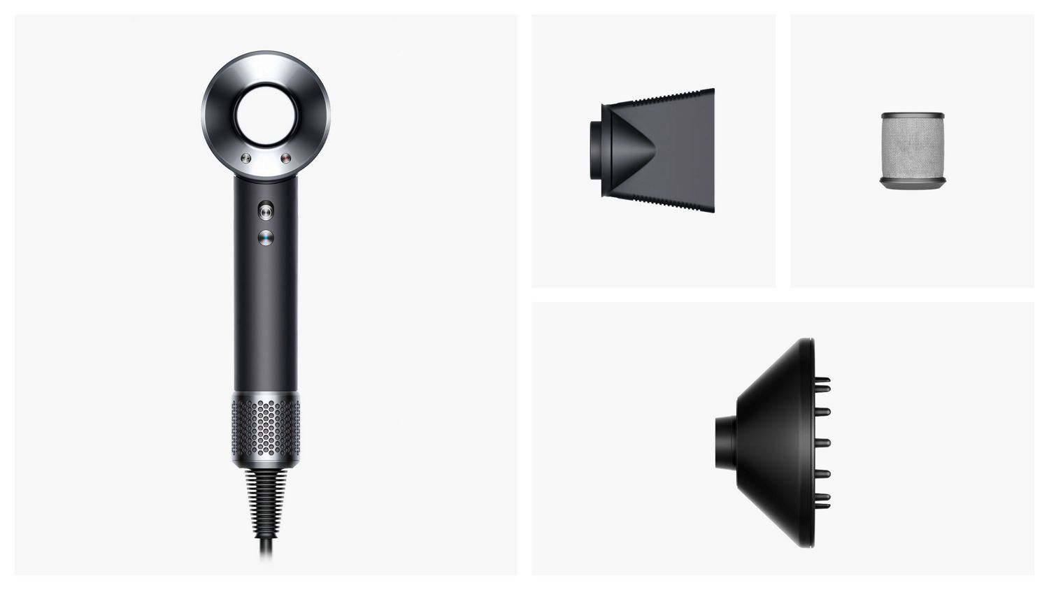 Dyson Supersonic™ Originヘアドライヤーと付属アタッチメント。