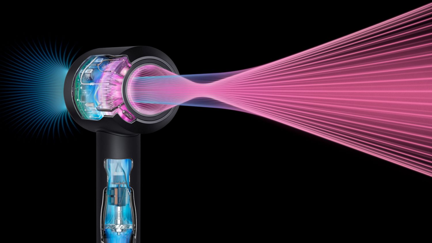 パワフルな風とインテリジェントな温度制御を示す、Supersonicヘアドライヤーの断面図。