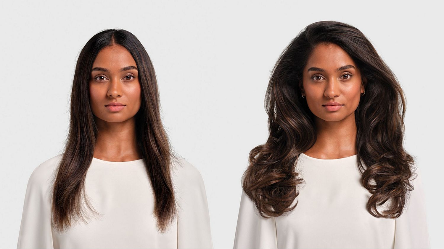 Hair before and after styling with the Dyson Supersonic r Professional hair dryer in Bright copper.