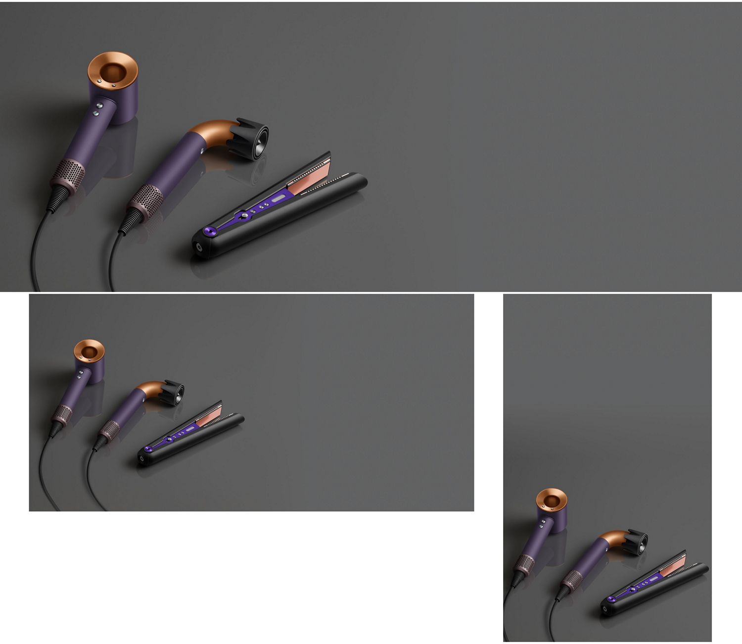 Dyson Supersonic Professional hair dryer next to the Dyson Supersonic r Professional hair dryer and the Dyson Corrale hair straightener for Stylists..