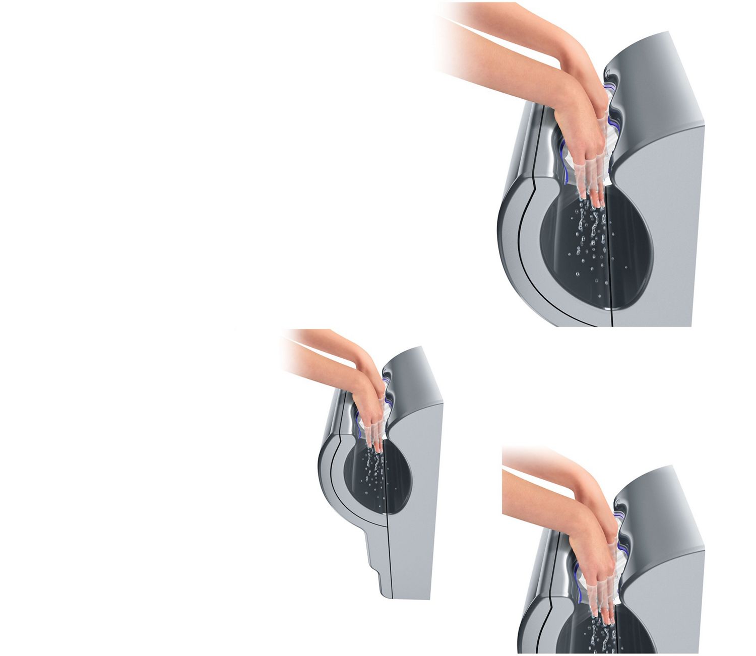 Sheets of high-velocity air scrape water from hands, drying them in the process.