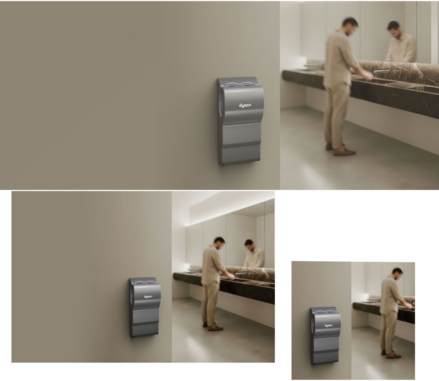 A Dyson Airblade dB hand dryer near a sink in a bathroom.