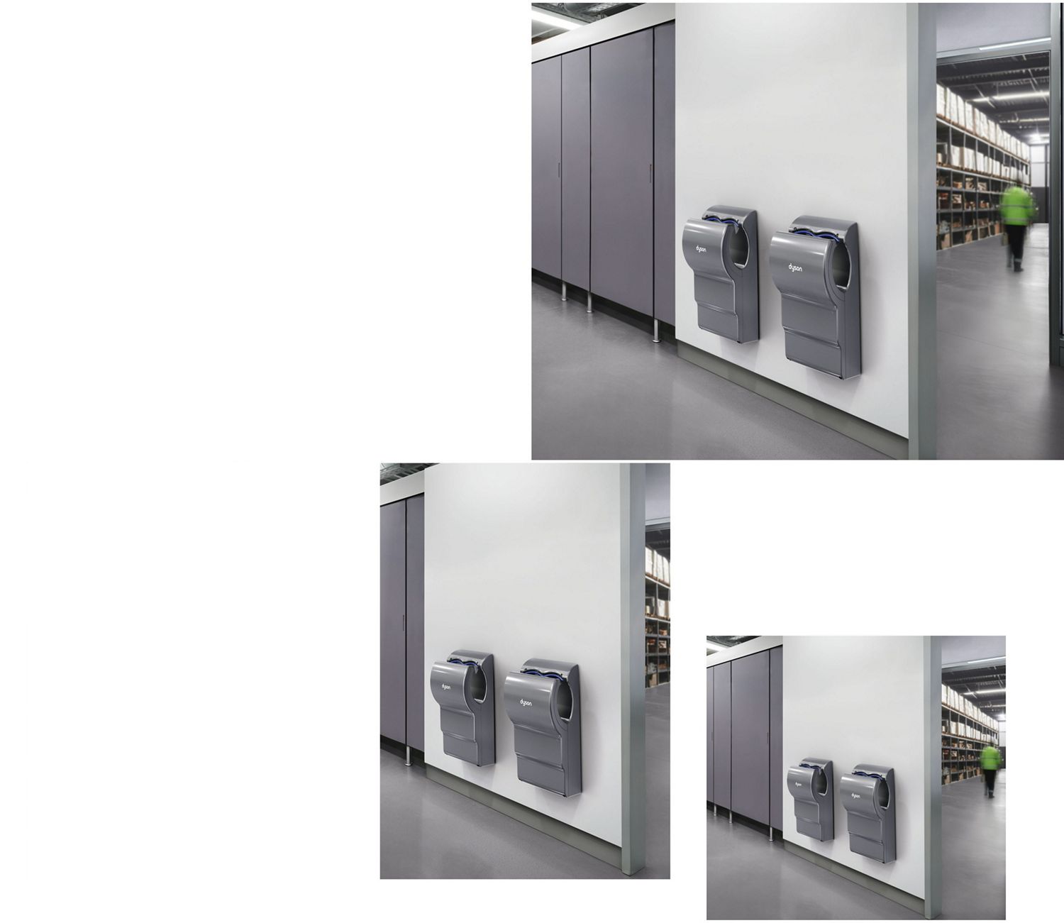 A Dyson Airblade dB hand dryer next to some cubicles in a bathroom.