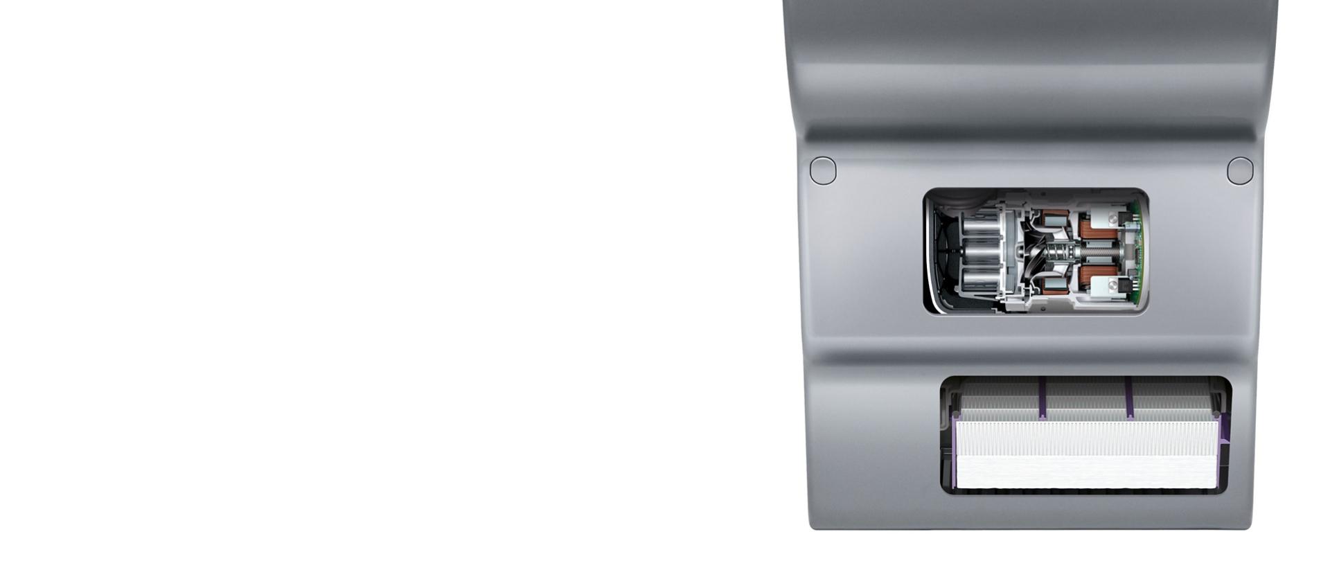 Cutaway showing the filter and motor within the Dyson Airblade dB hand dryer.