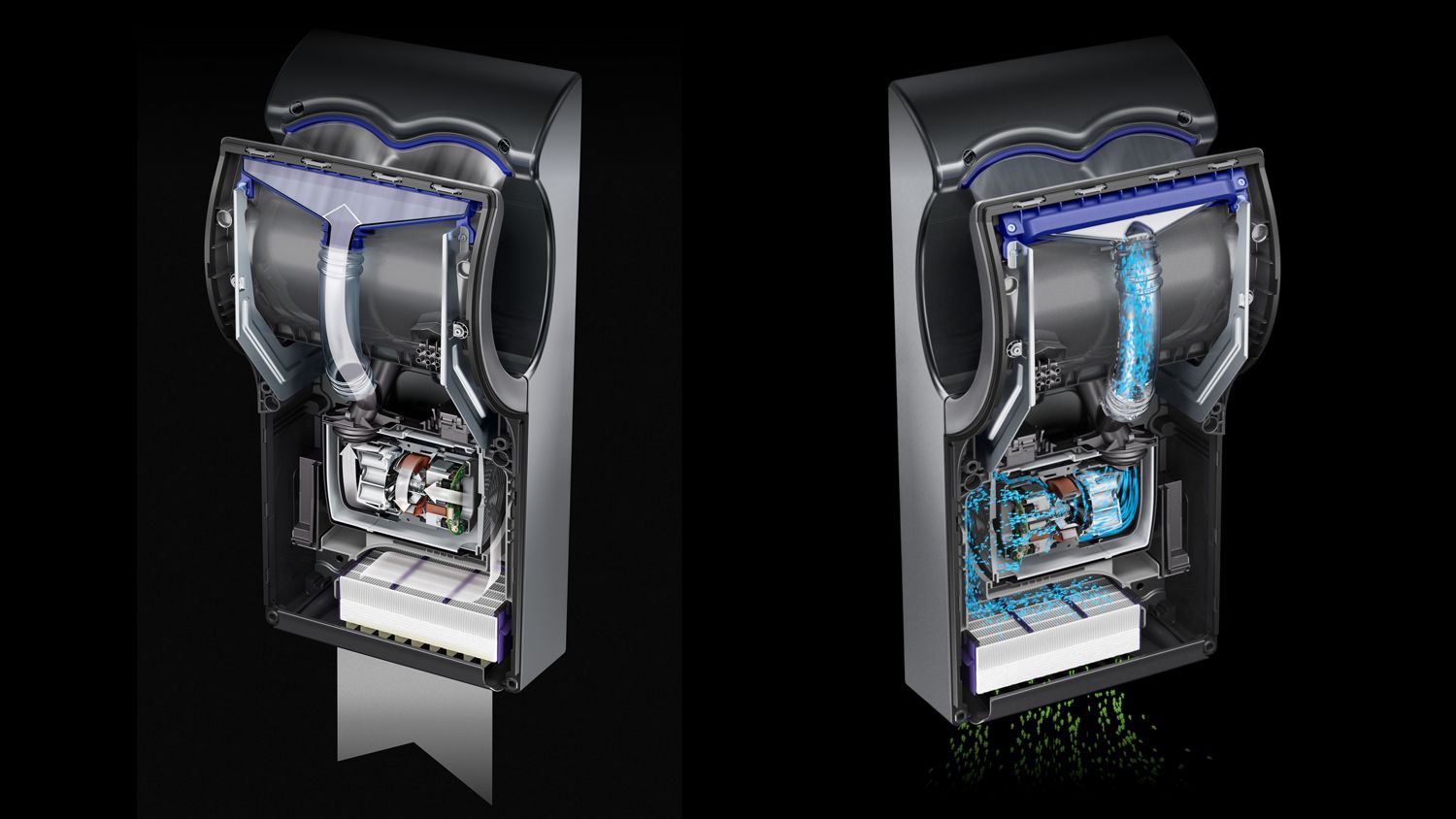 Cutaway showing the filter, motor and air channels within the Dyson Airblade dB hand dryer.