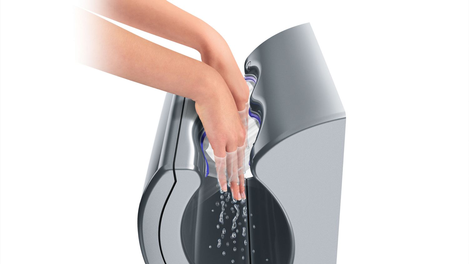 Sheets of high-velocity air scrape water from hands, drying them in the process.