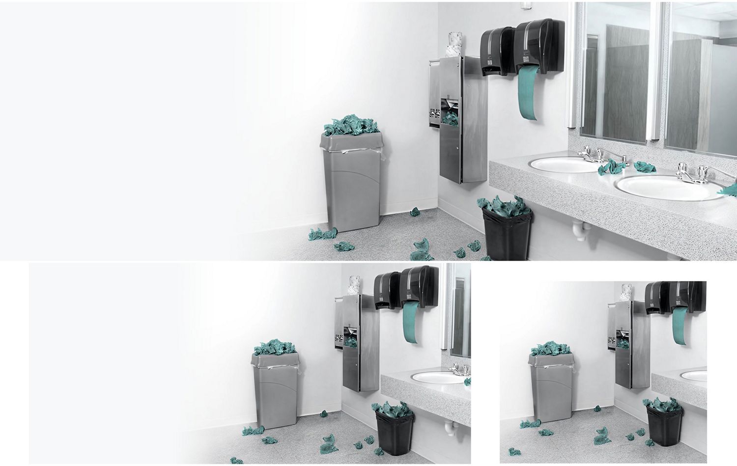 Single-use paper towels overflow onto the floor from a collection of bins in a bathroom.