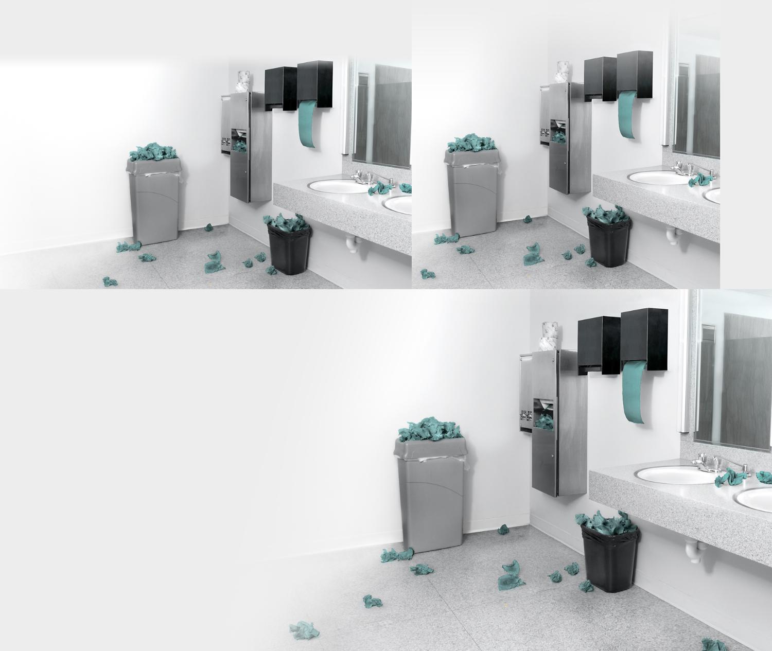 A public bathroom with paper towels all over the floor