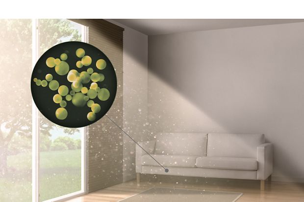 kurz unoszący się w pokojune particles in a living room area.