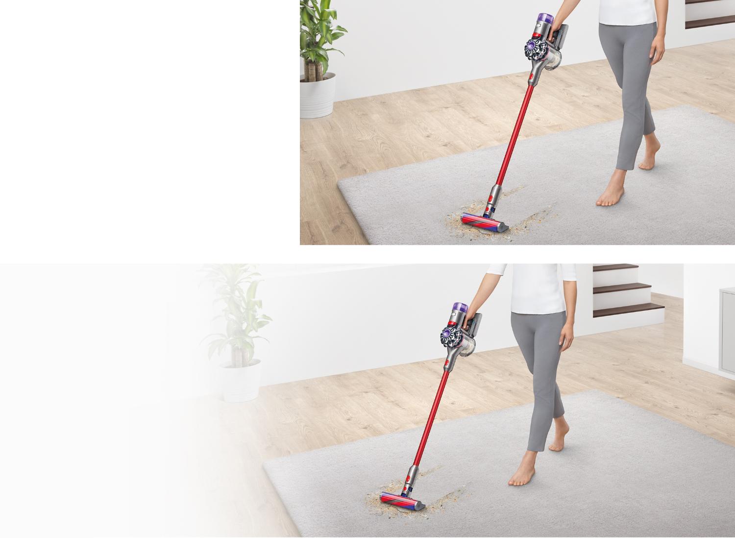 Personne en train d’aspirer des miettes sur une moquette blanc crème dans une chambre de bébé à l’aide de l’aspirateur Dyson V8.