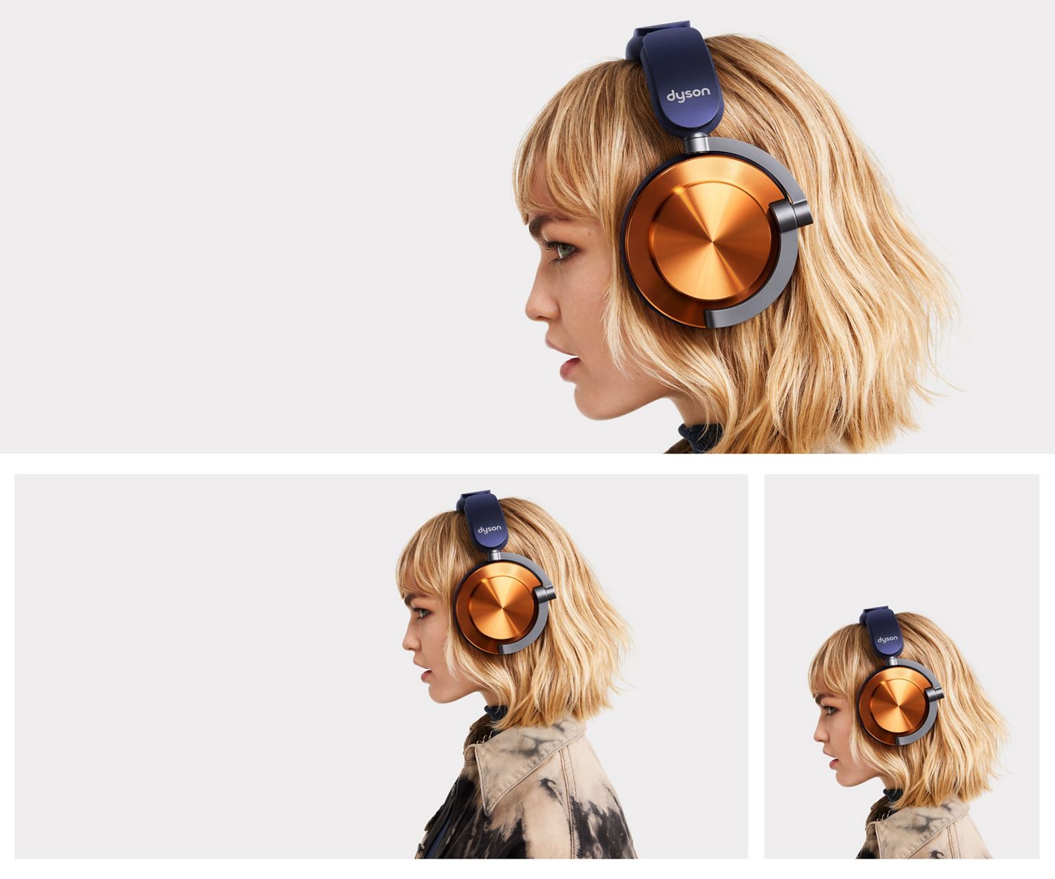 Vue d’une personne de profil portant un casque Dyson OnTrac avec caches en cuivre.