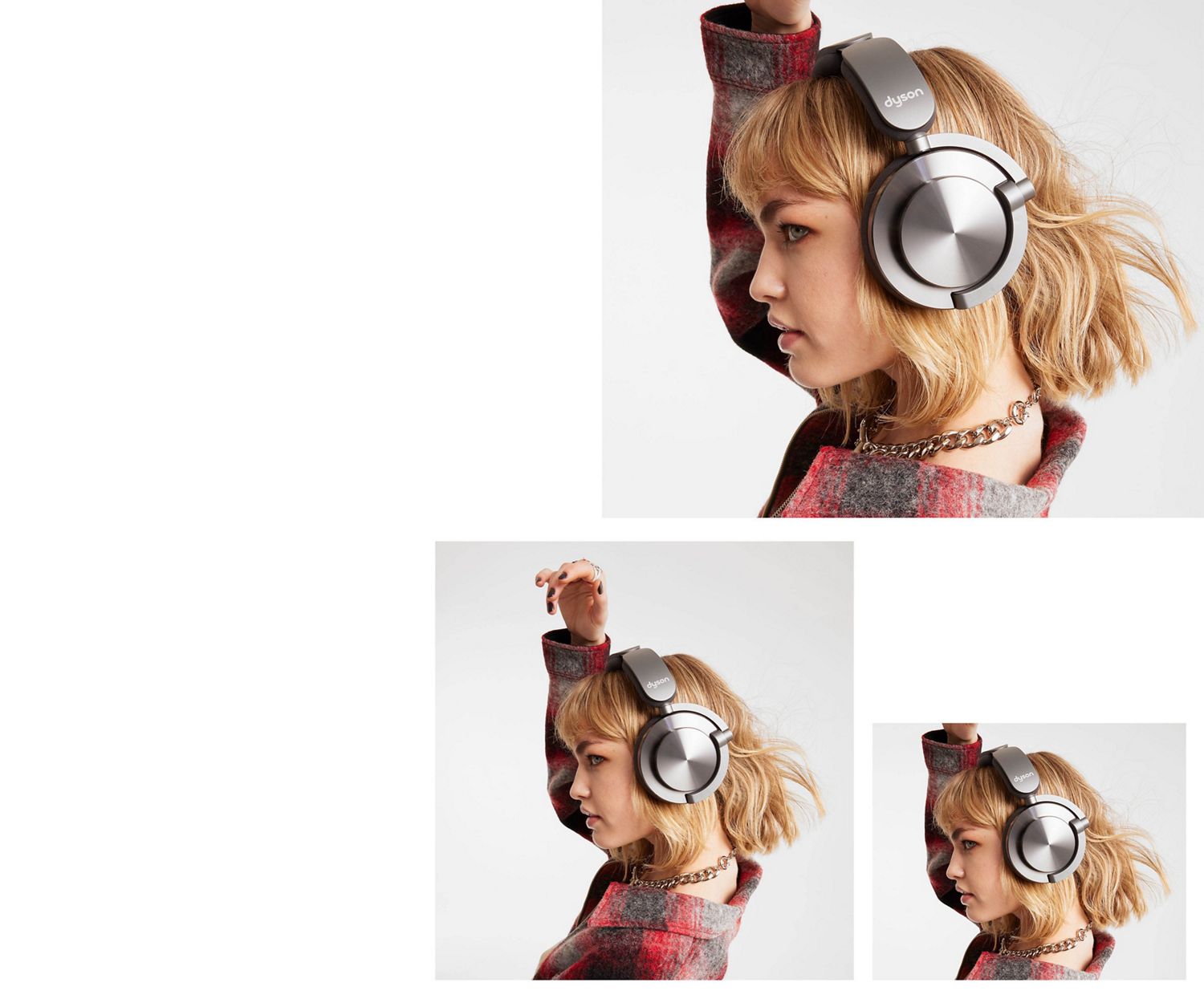 Vue de profil d’une personne avec la main au-dessus de la tête qui porte le casque Dyson OnTrac avec les caches en aluminium.