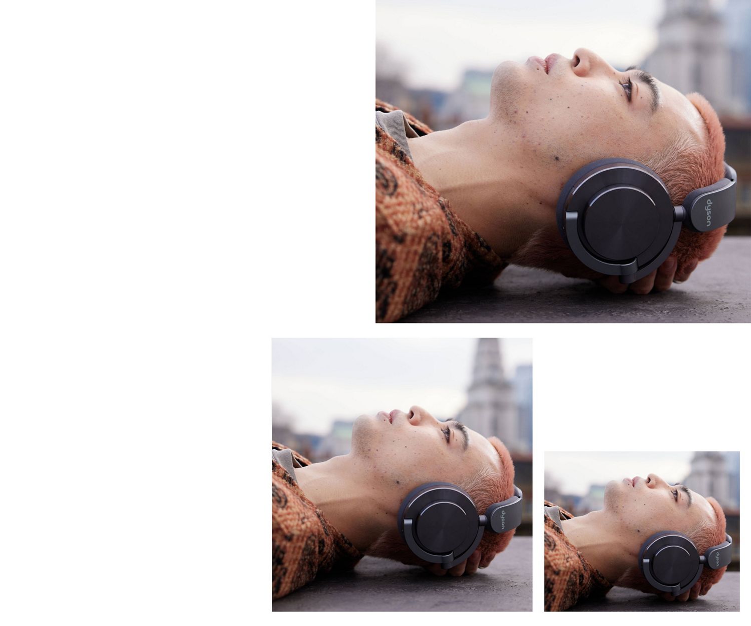 Une personne allongée, portant le casque Dyson OnTrac avec caches nickel noir.