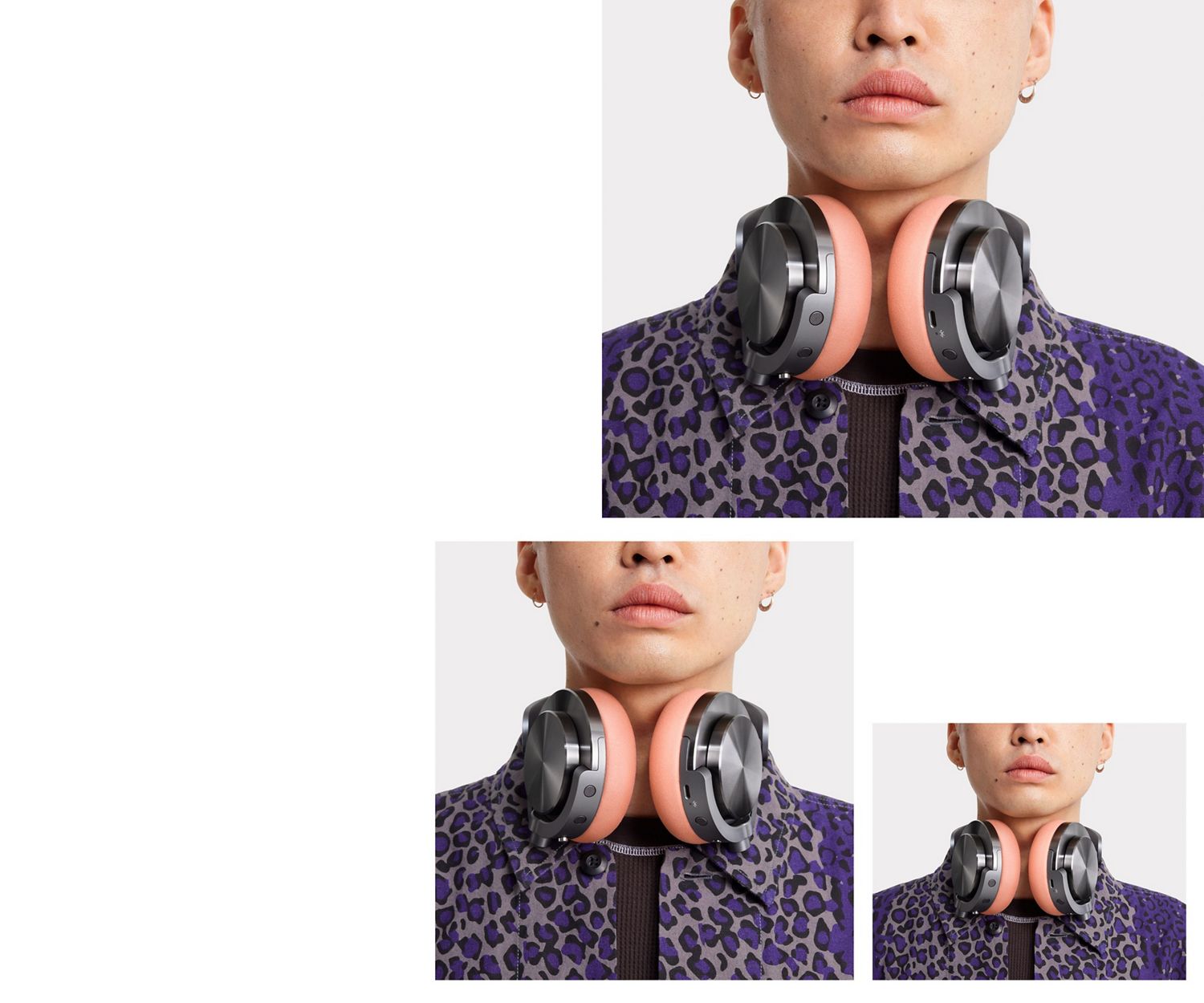 Gros plan d’une personne fixant la caméra et portant autour du cou le casque Dyson OnTrac avec caches en noir nickel et des coussinets rose poudré.