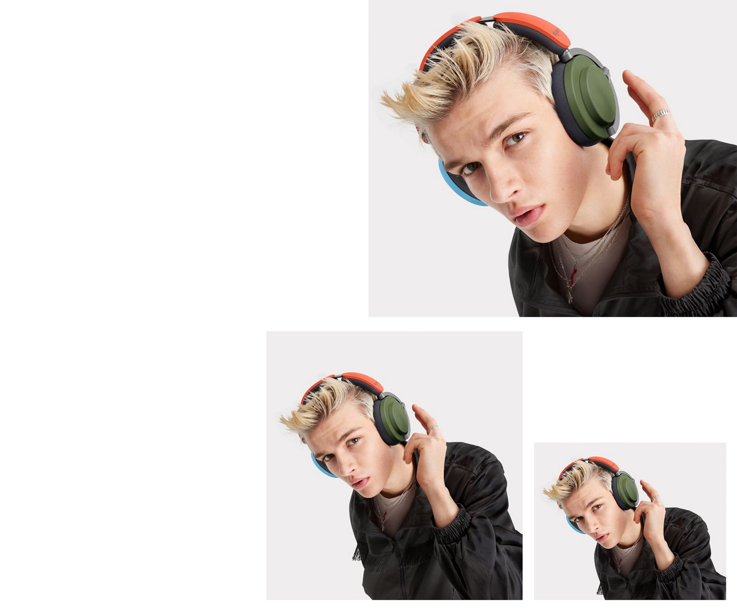 Une personne fixant la caméra et s’apprêtant à fixer des coussinets kaki, un cache kaki céramique et un cache bleu céramique sur son casque Dyson OnTrac.