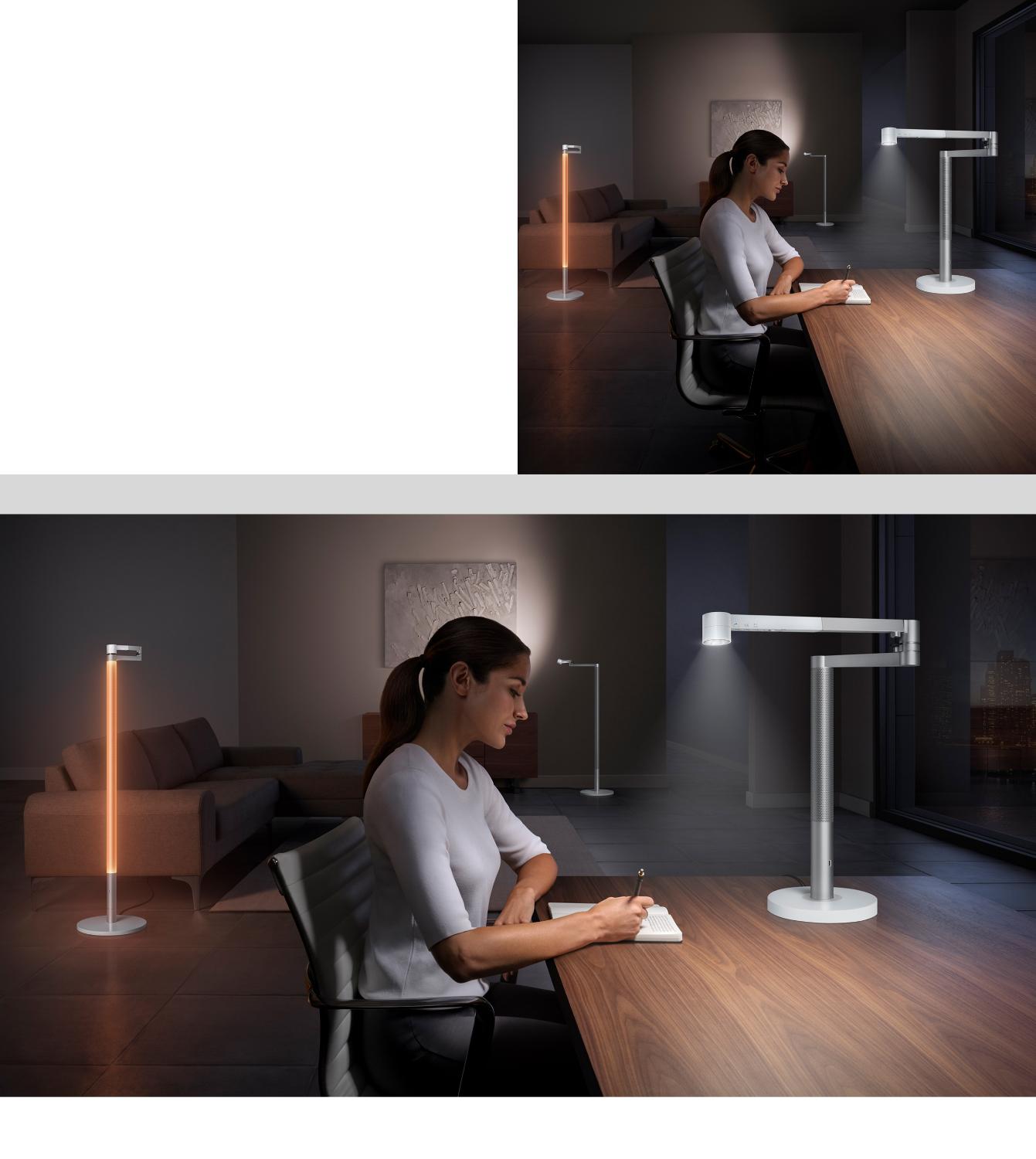 Une lampe Solarcycle de Dyson utilisée à l'interieur sur une table et à coté d'un canapé