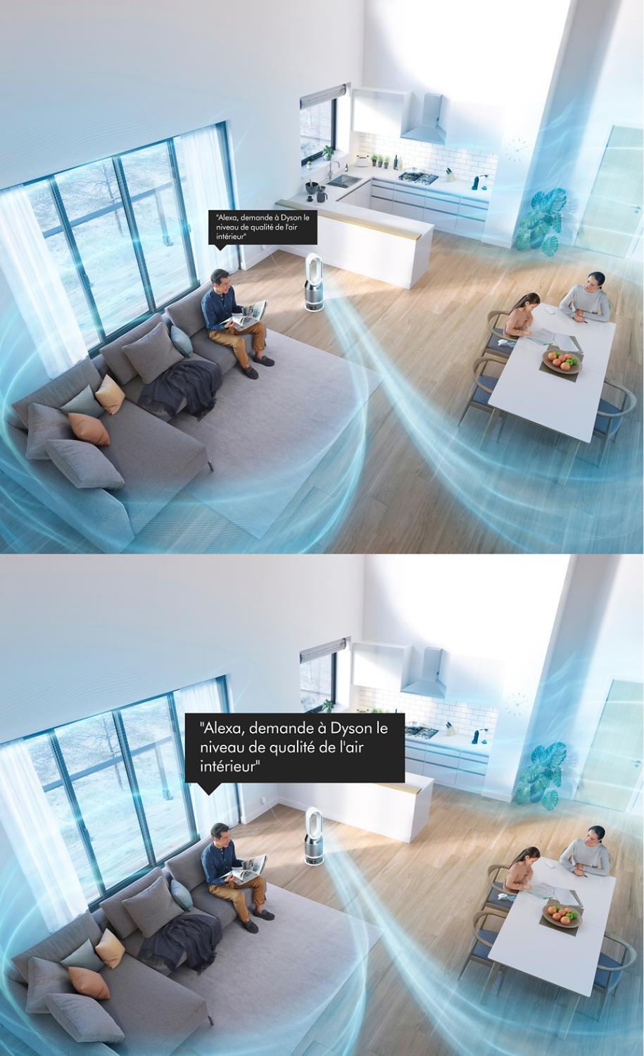 Man on a sofa asking Dyson purifier to purify a room.