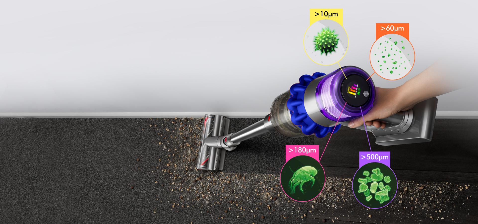 Dyson V15 Detect vacuum with Laser Slim Fluffy cleaner head, showing sizes of dust detected