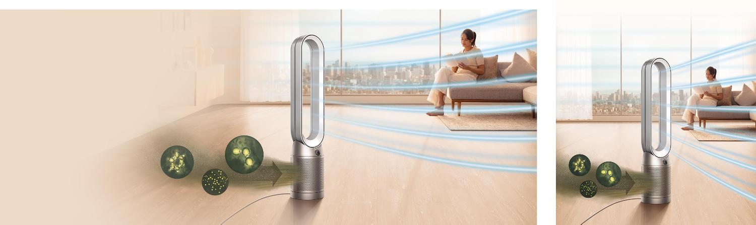 Woman being directly cooled by the Dyson Purifier Cool fan