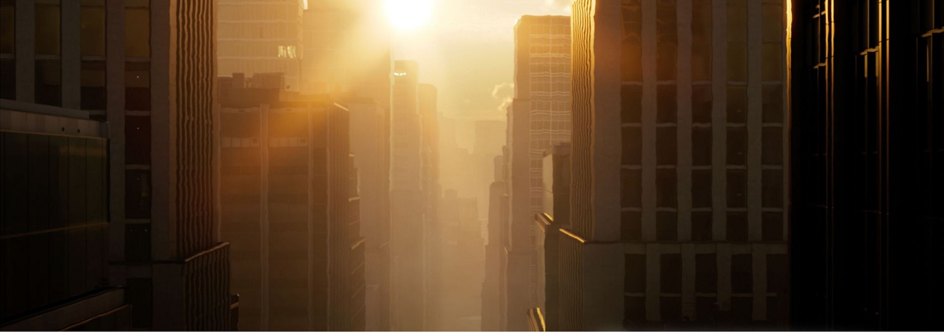 A sun sets over a hot city.