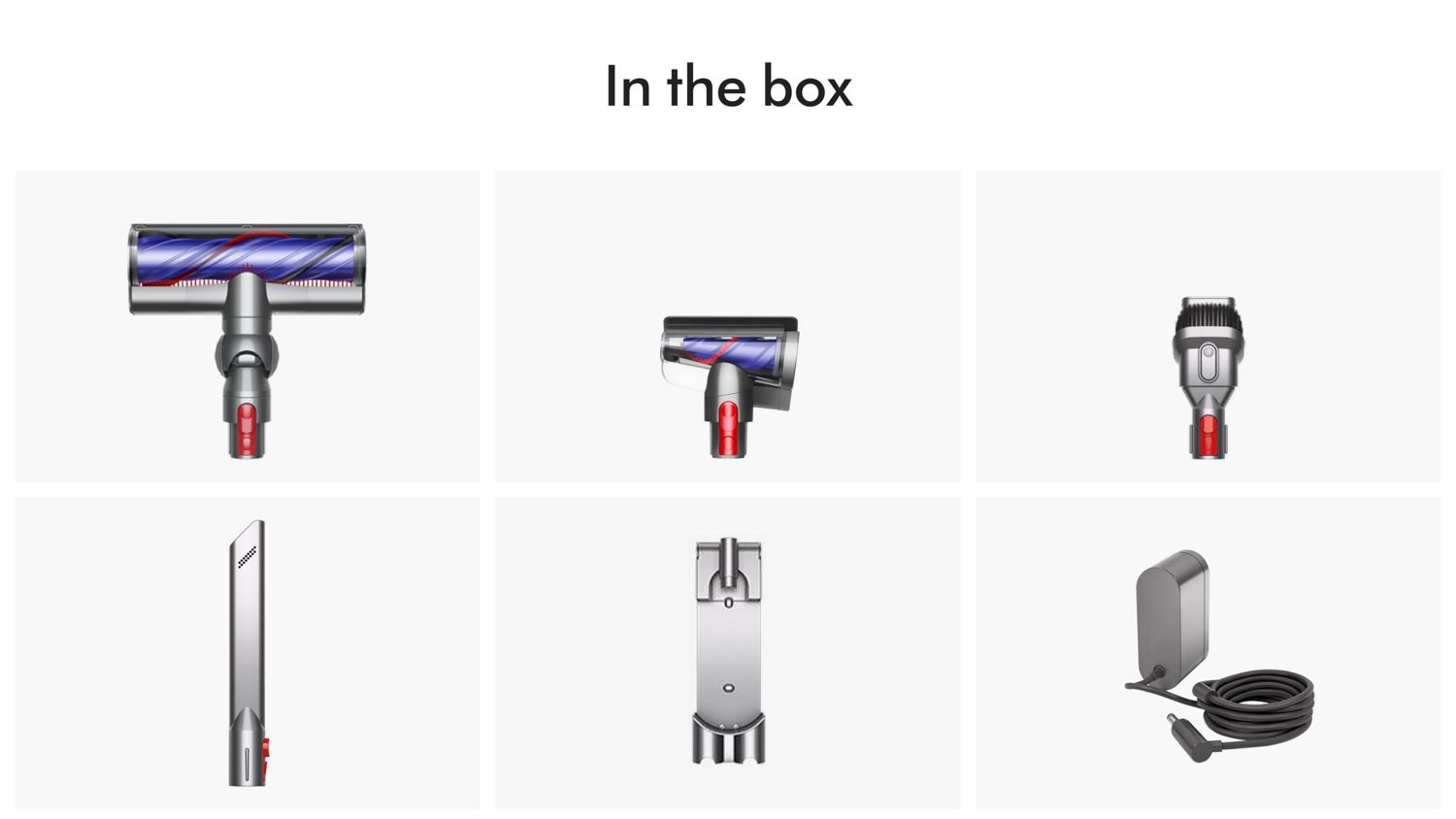 The accessories included with the Dyson V8 vacuum cleaner.