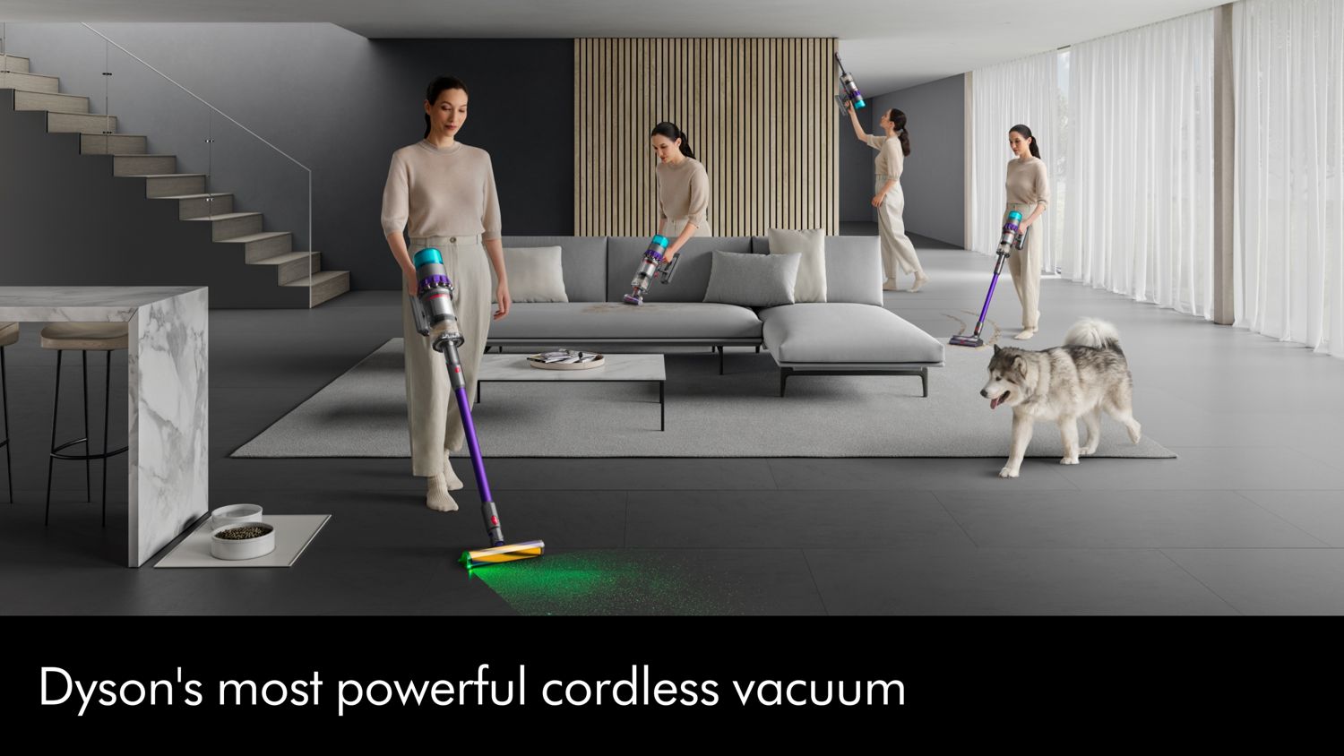 A Dyson Gen5Detect vacuum cleaner is used by a pet-owner to clean around her home.