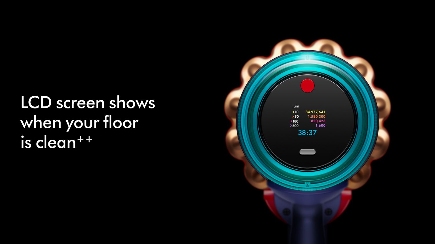 The LCD screen of the Dyson V15 vacuum cleaner shows remaining run time and cleaning statistics.