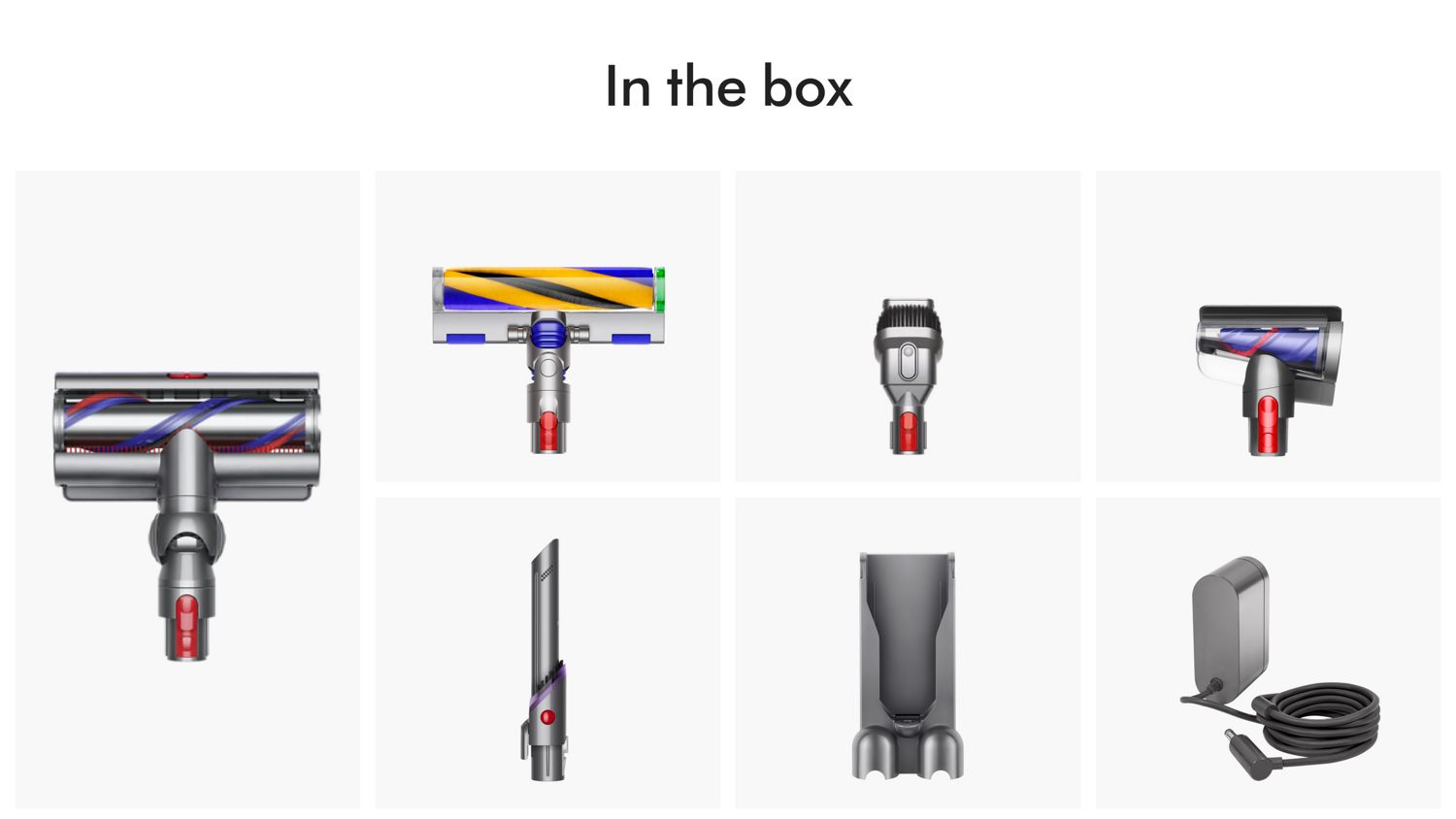 The accessories included with the Dyson Gen5DDetect vacuum cleaner.