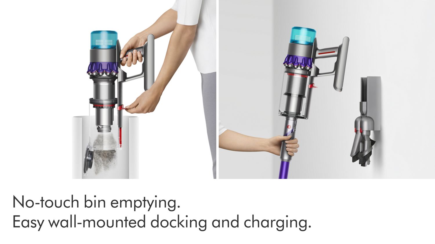 The Dyson V8 vacuum’s bin is emptied and returned to its wall dock.