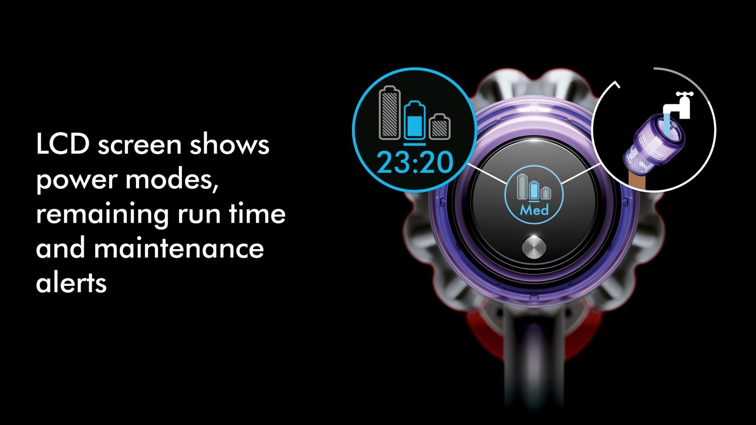 The LCD screen of the Dyson V11 vacuum cleaner shows remaining run time and a maintenance alert.