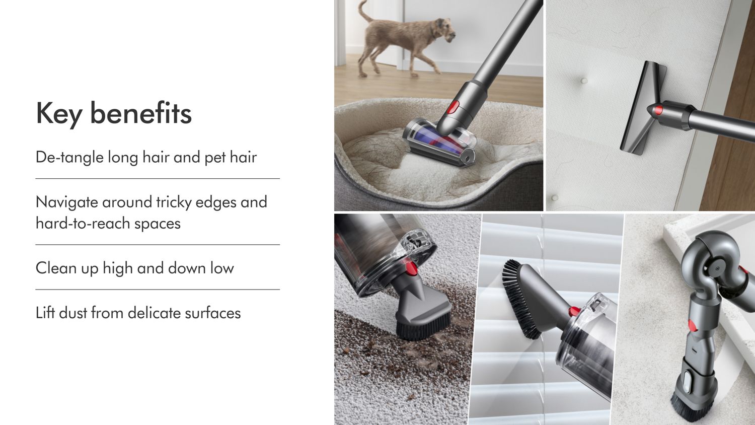 The Dyson V11 vacuum cleaner is used in handheld mode to deep clean around the home.