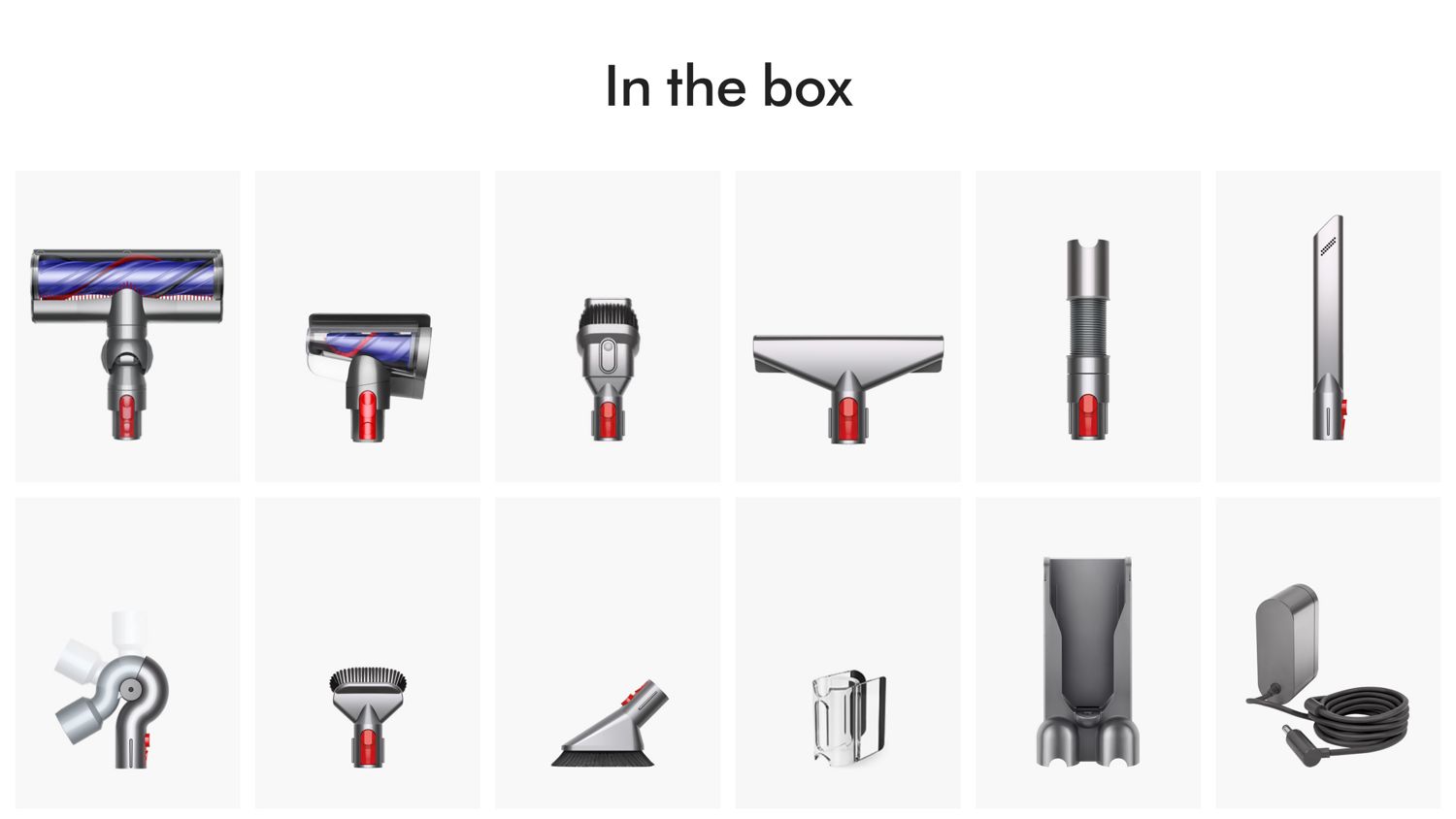 The accessories included with the Dyson V11 Extra vacuum cleaner.