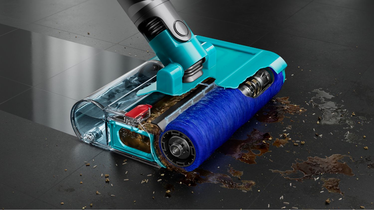 A cutaway up of the Submarine cleaner head showcasing the rollers and water tray.