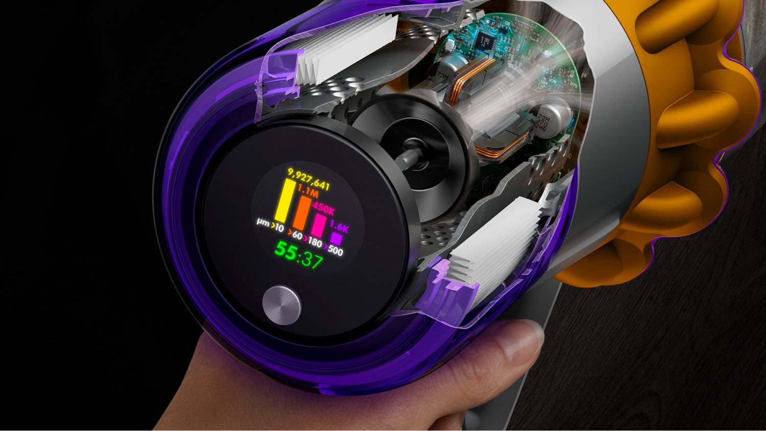 A close up of the LCD screen showing the battery run time and particles picked up.