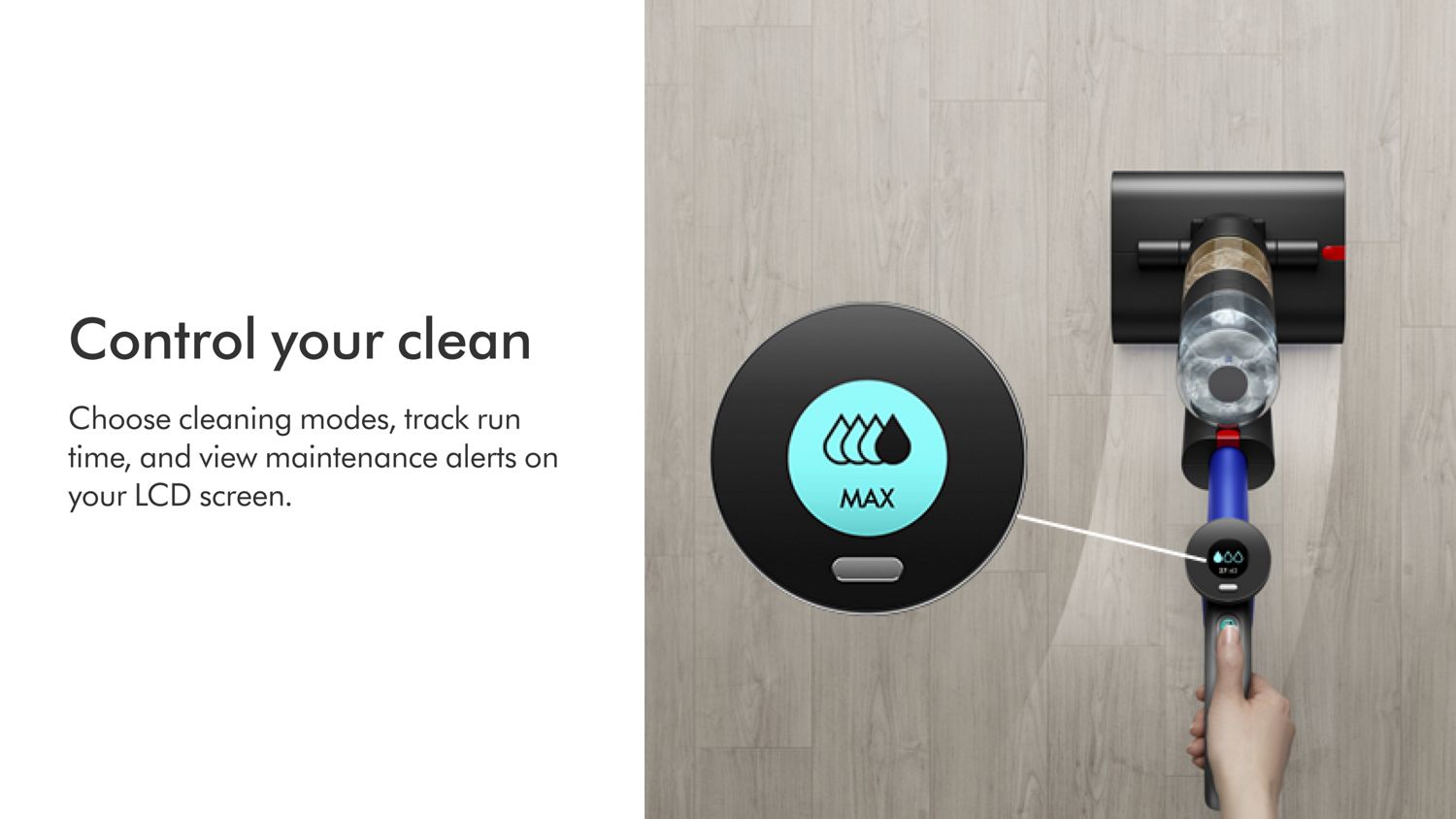 The LCD screen on the Dyson WashG1 wet floor cleaner shows the current cleaning mode and remaining run time.
