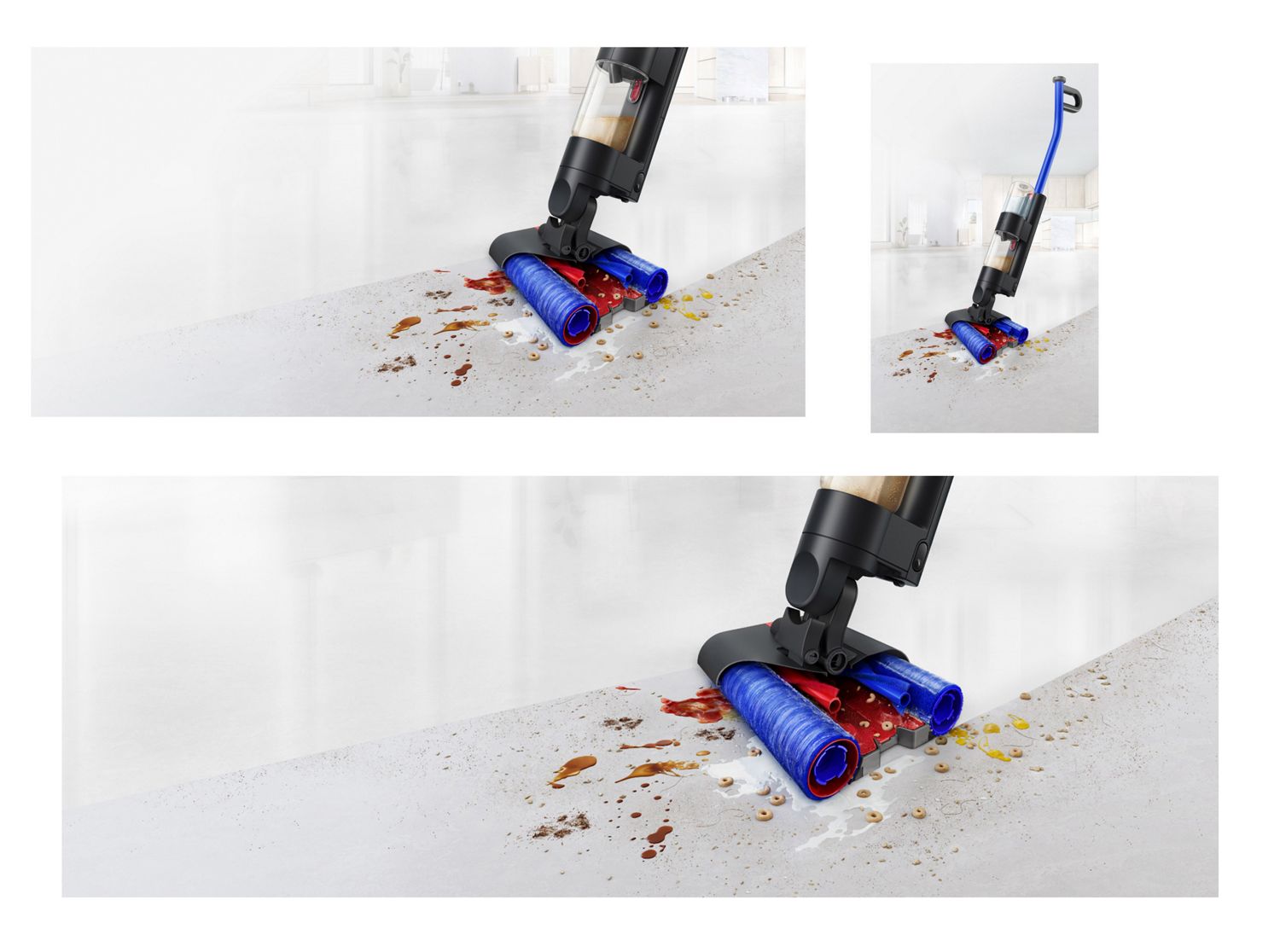 The Dyson WashG1 cleaning debris and spills on a hard floor in a living room