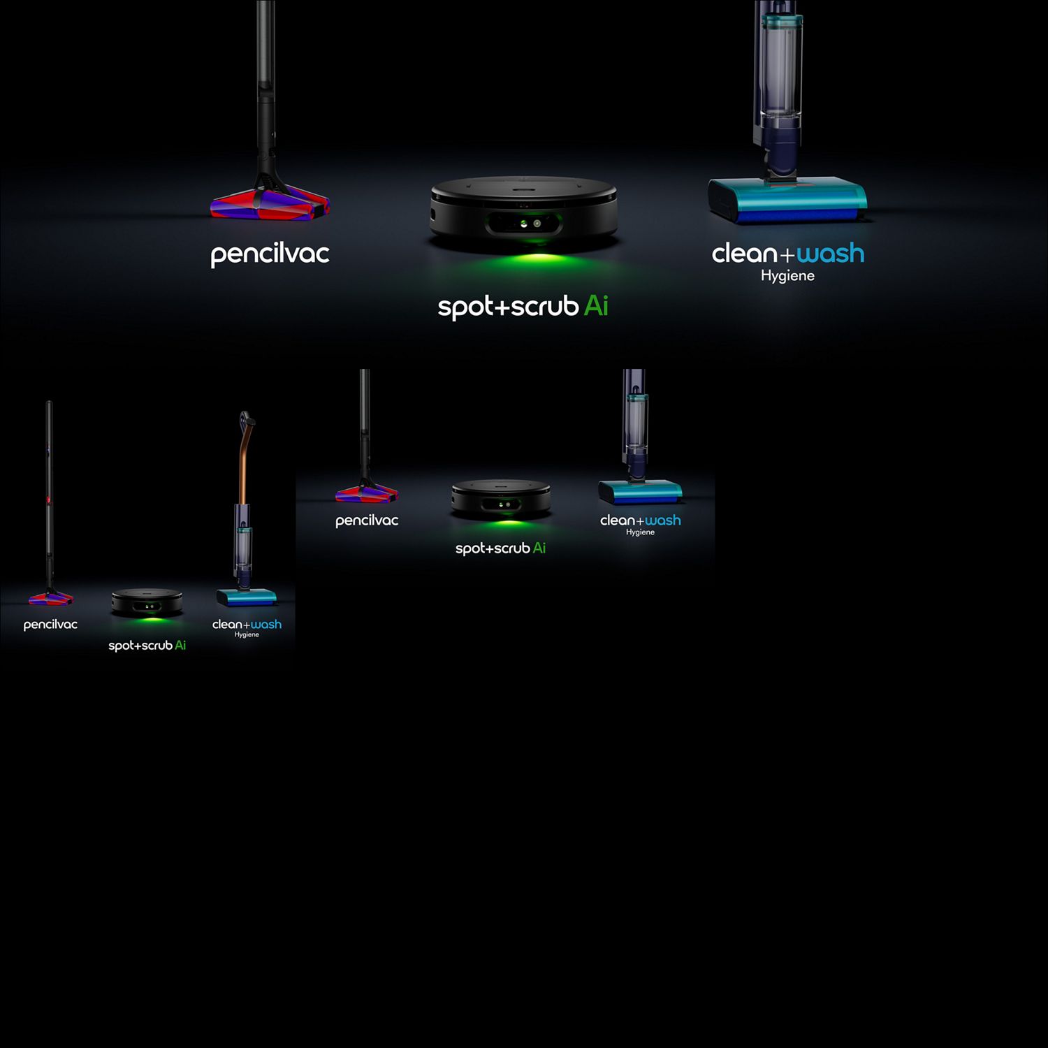 3 new Dyson vacuums lined up with text titling each machine: Pencilvac, spot+scrub Ai, and clean+wash Hygiene