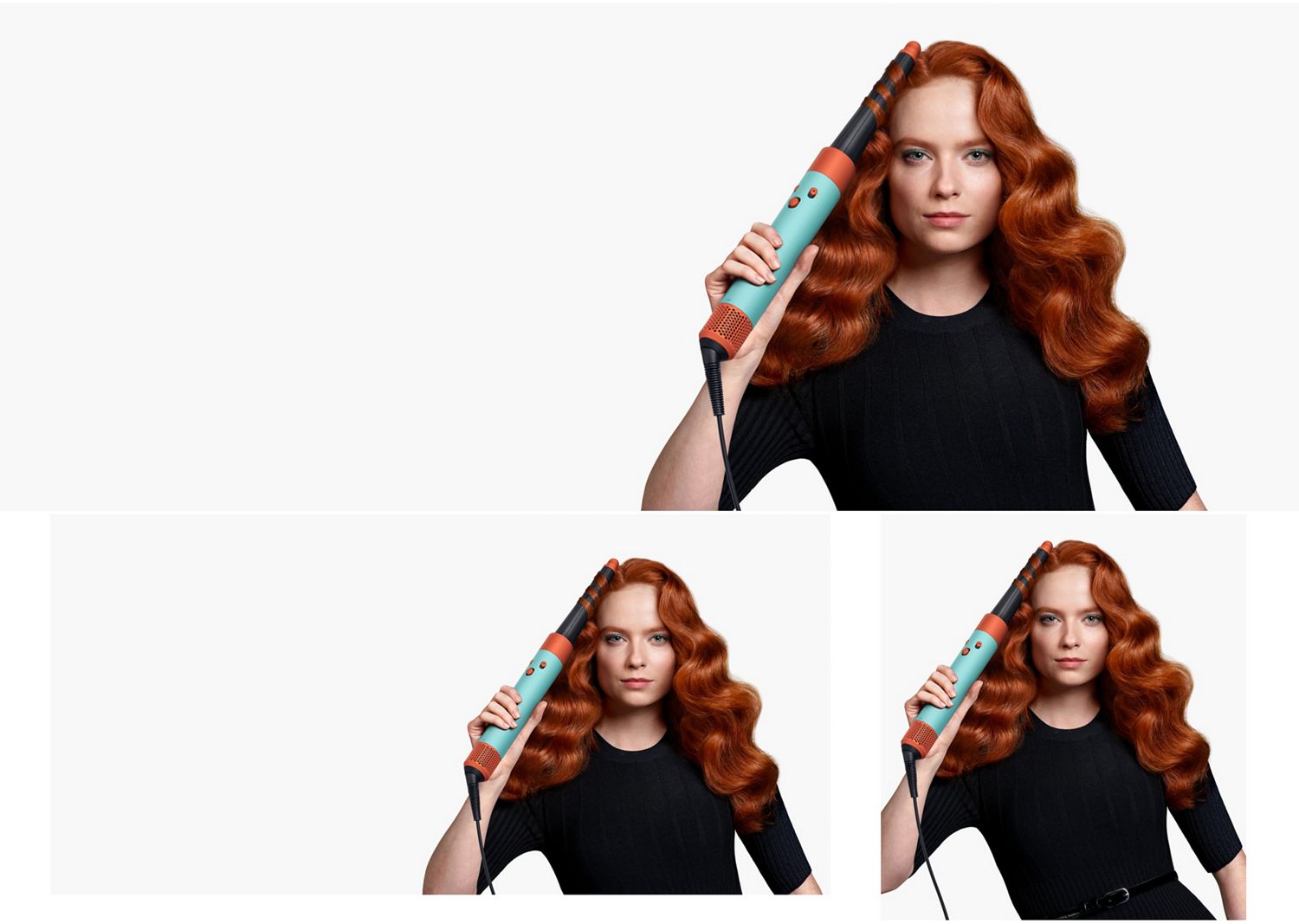 A woman opens a presentation case in a Dyson Store, a pink glow lights up her face