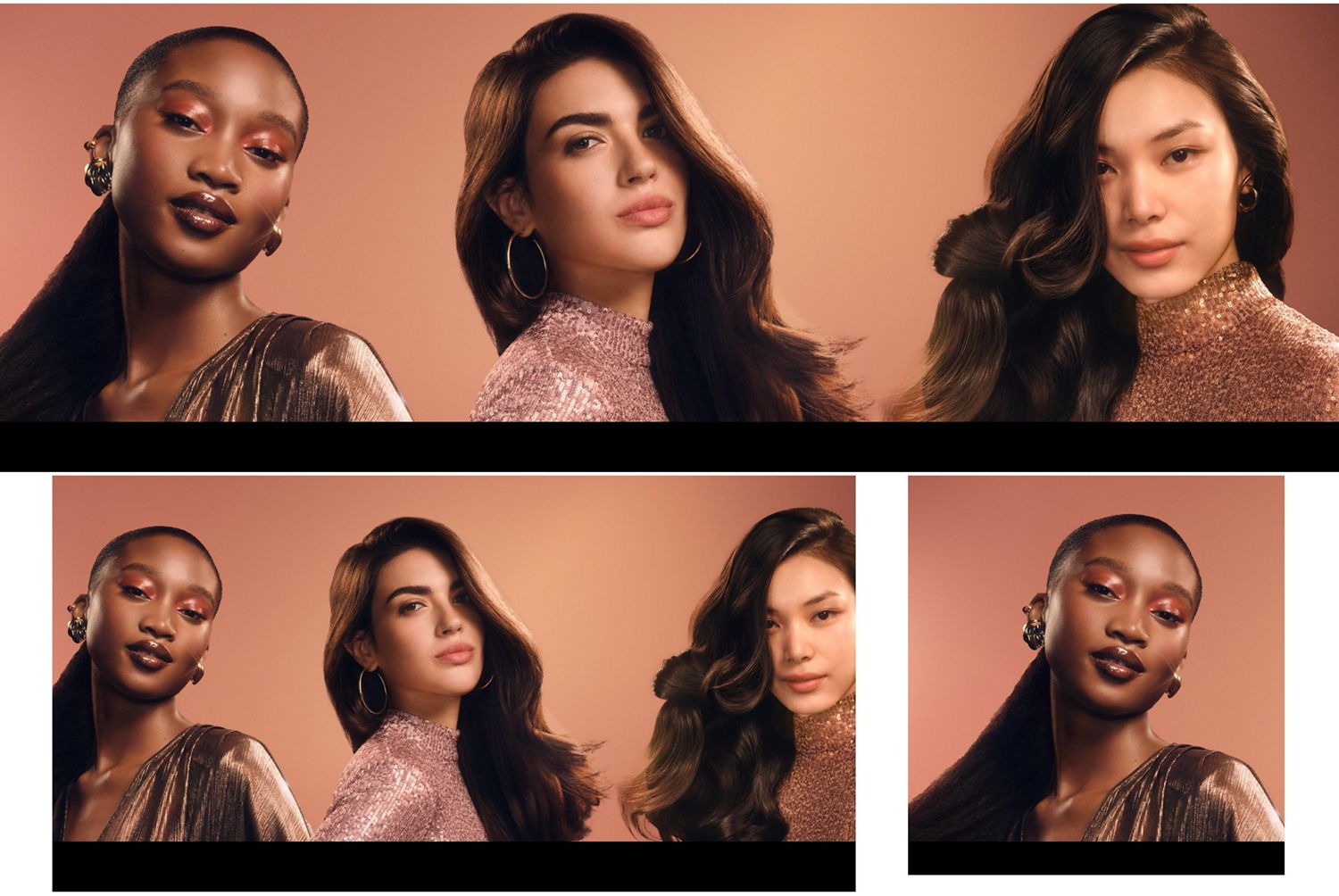 A group of three individuals with various long, styled hairstyles, including sleek straight looks and voluminous waves, wearing shimmering outfits against a warm, peach-toned background. The focus is on the hair textures and styles.