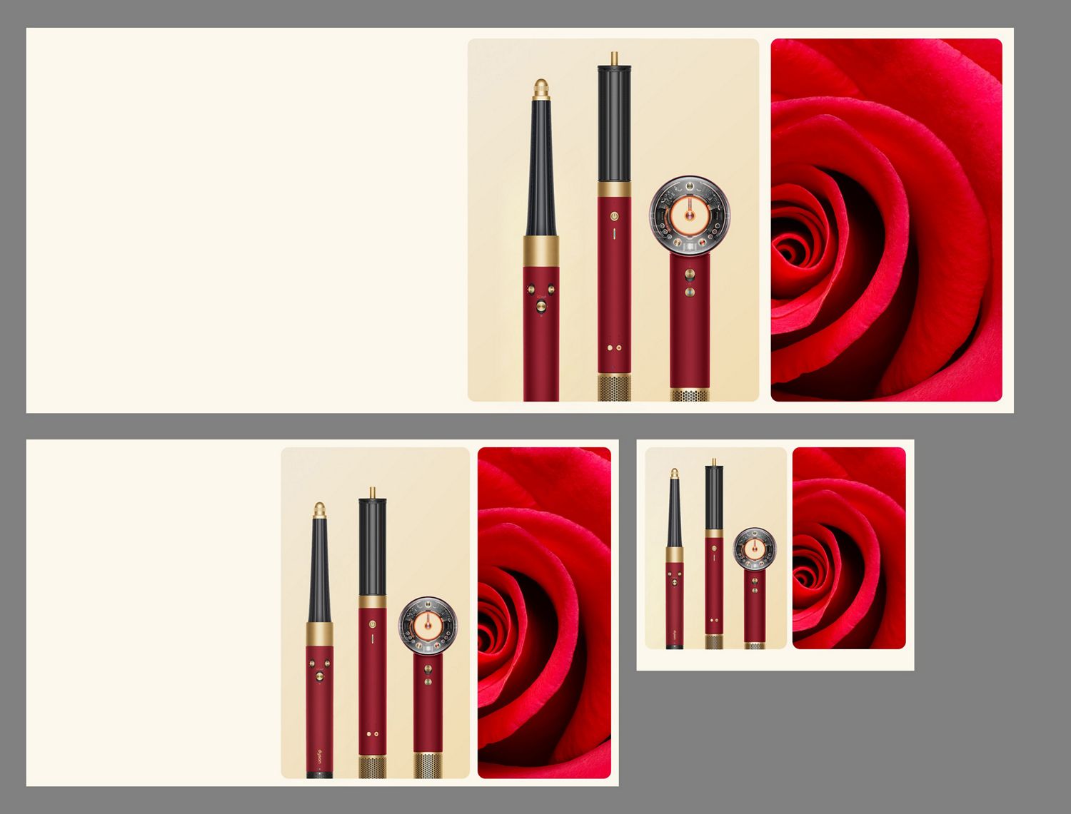 A blooming rose next to the Dyson Airwrap i.d. multi-styler and dryer in Amber silk and storage case.