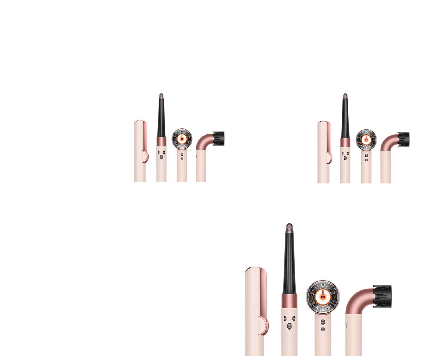 A line-up of Dyson hair care devices on a white background.
