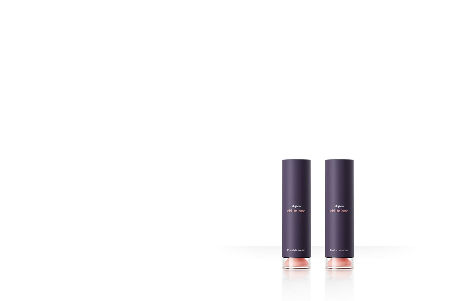Dyson Chitosan Pre-style cream and Post-style serum, side by side.