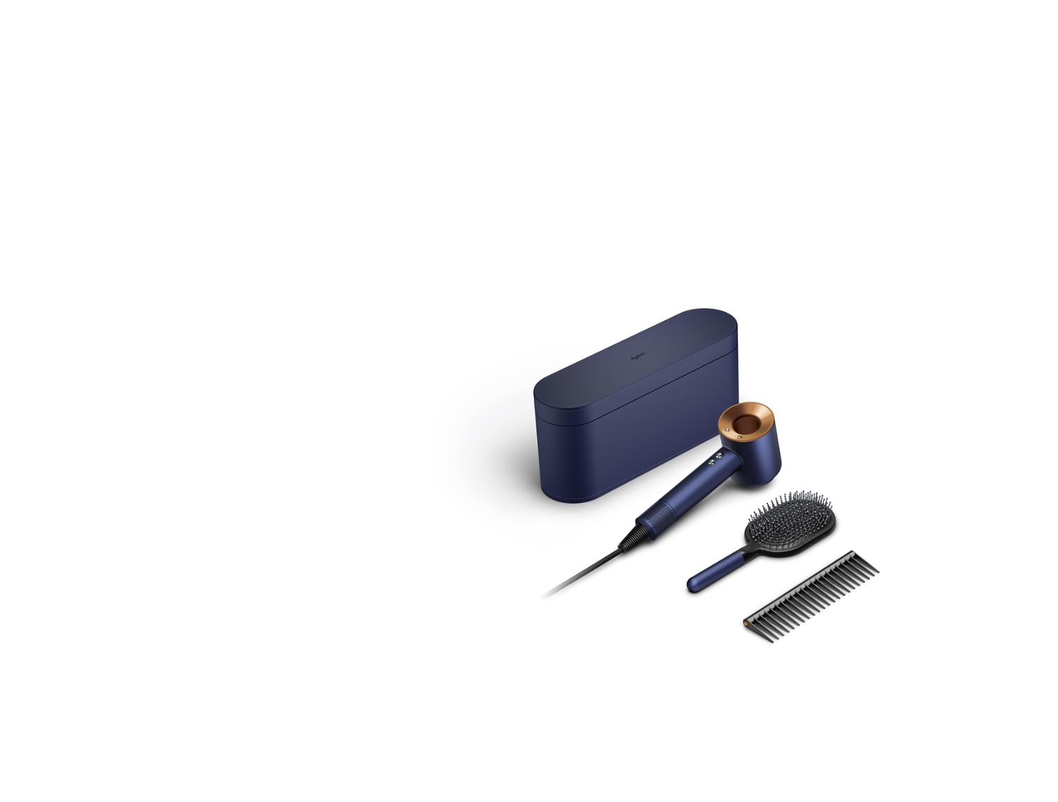 Dyson Corrale straightener, Airwrap styler and Supersonic hair dryer in Prussian blue and rich copper.