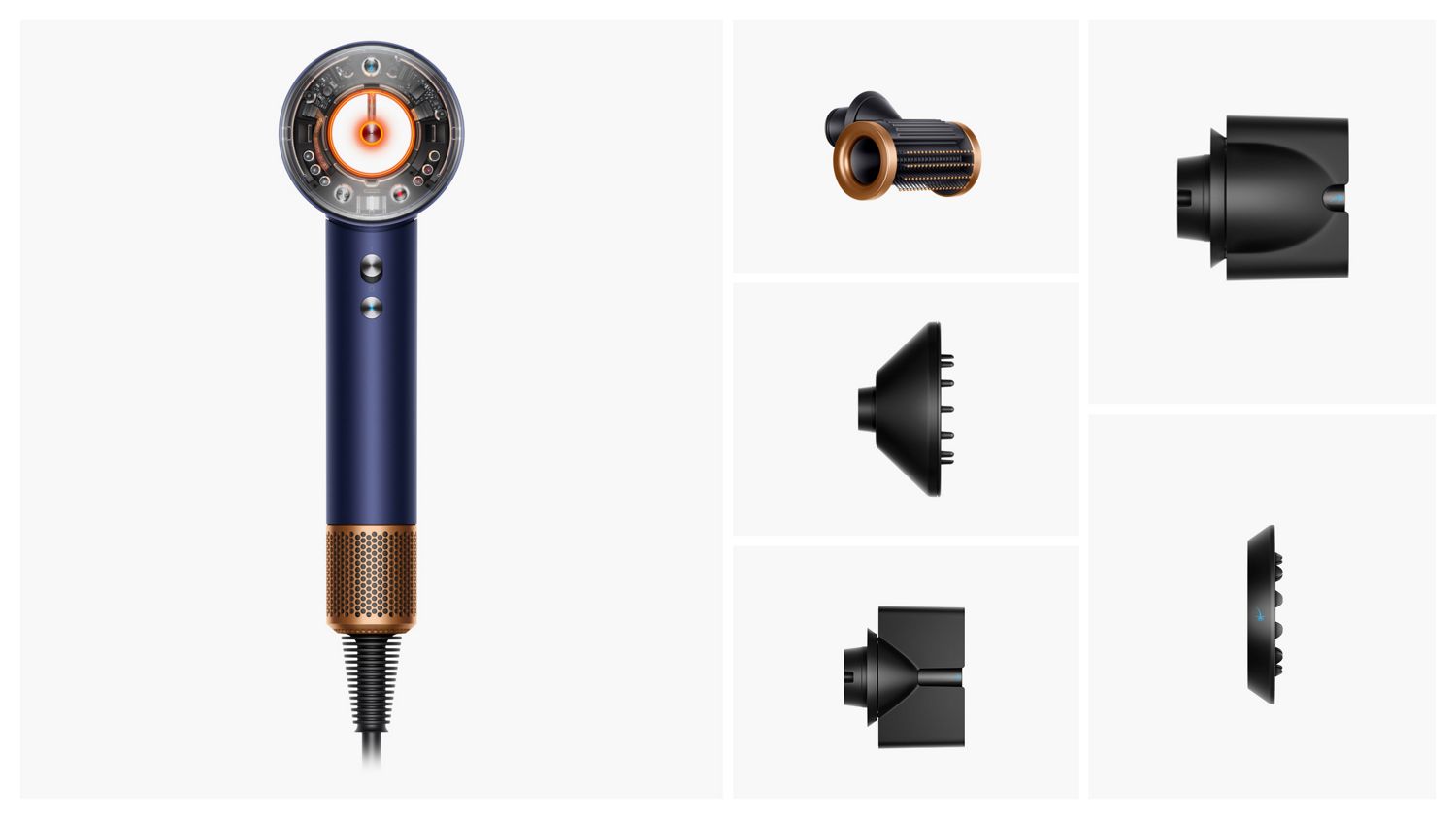 The attachments and accessories included in the box with the Dyson Supersonic Nural hair dryer.