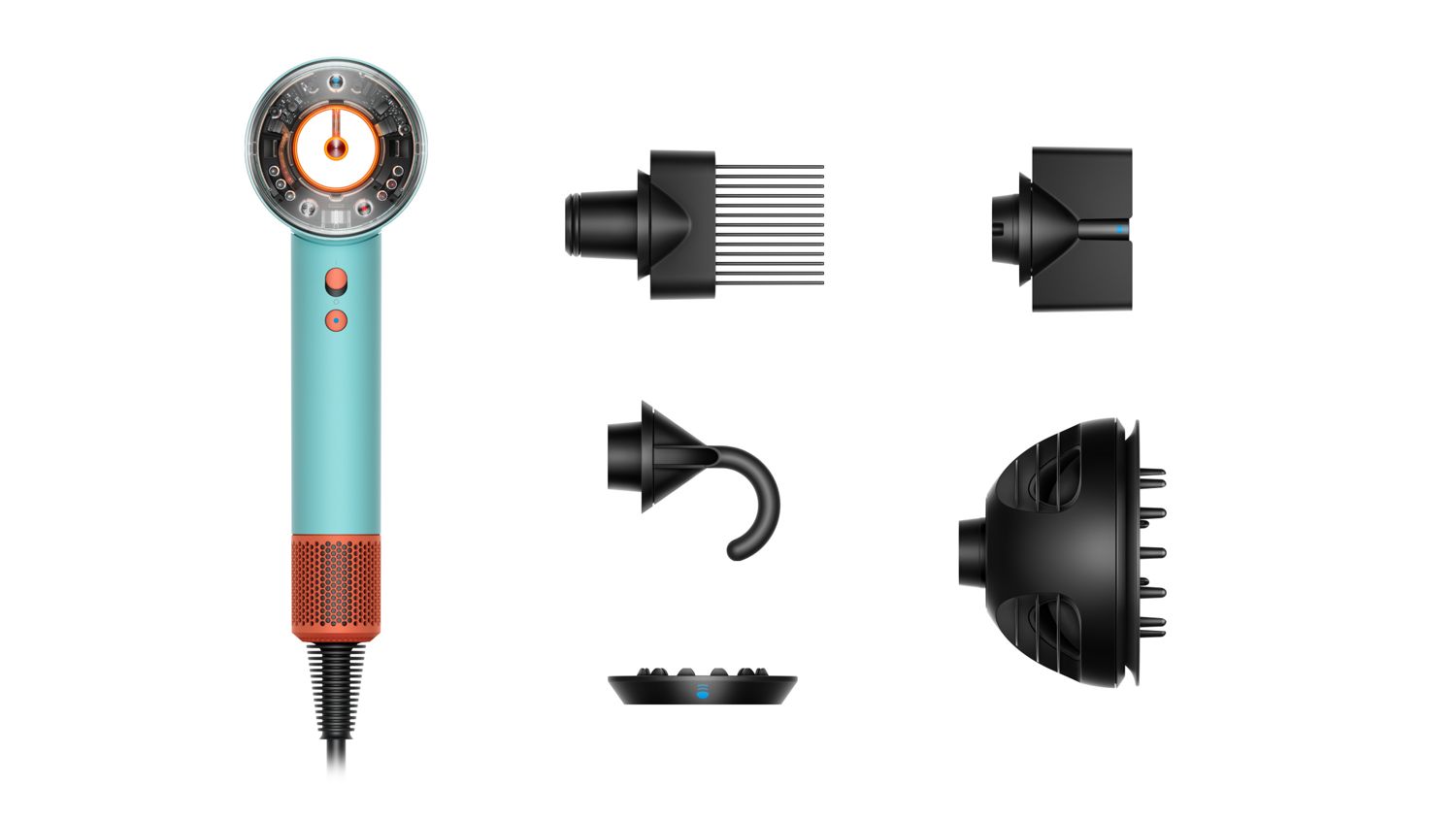 The Dyson Supersonic Nural hair dryer with included attachments.