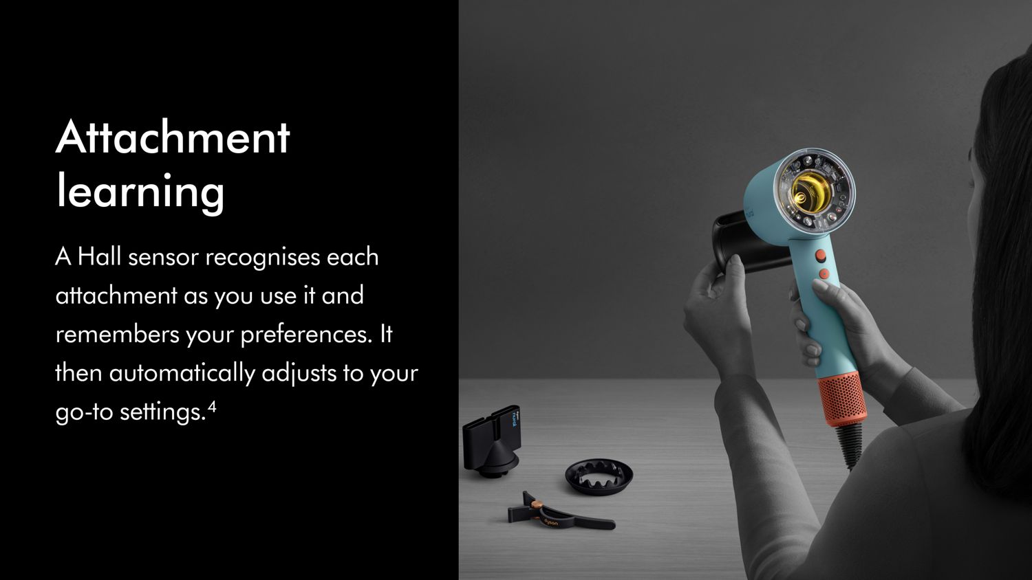 The Flyaway attachment is attached to the Dyson Supersonic Nural hair dryer and settings are automatically adjusted.