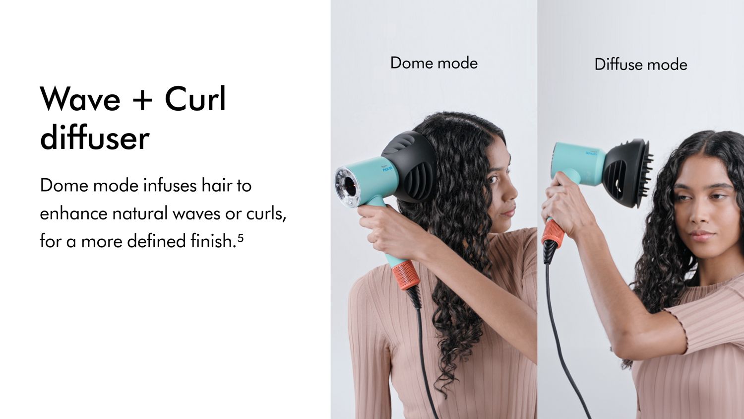 A model uses the Wave+Curl diffuser in Dome and Diffuse mode on the Dyson Supersonic Nural hair dryer.