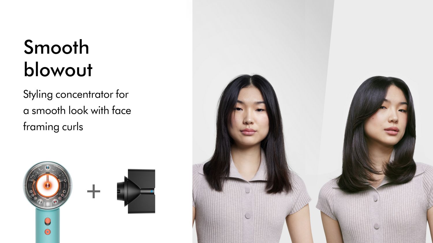 Before and after of a model with dark hair styled into a smooth blowout with the Dyson Supersonic Nural hair dryer.