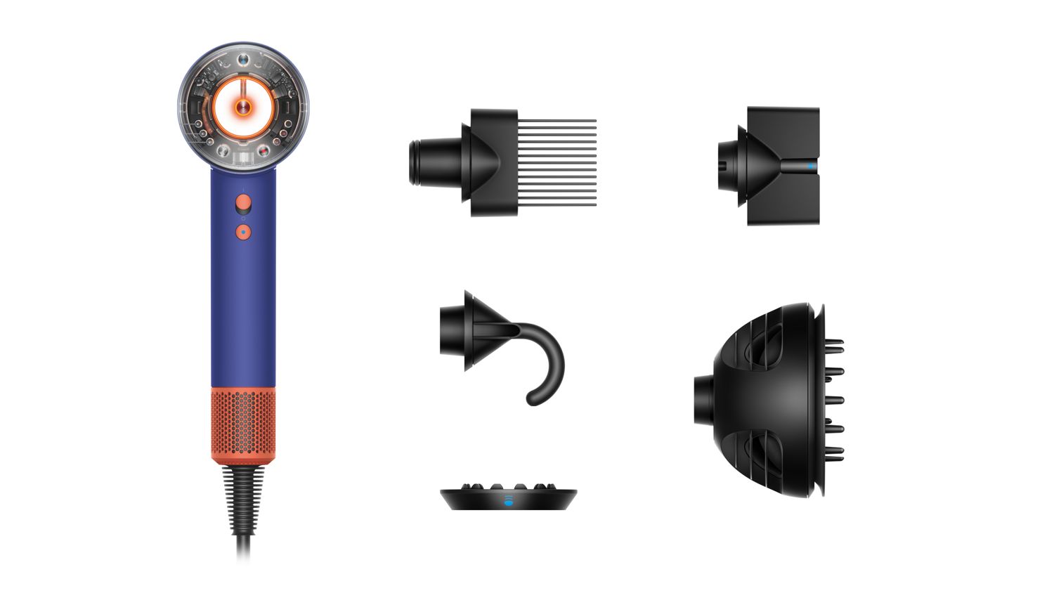 The Dyson Supersonic Nural hair dryer with included attachments.